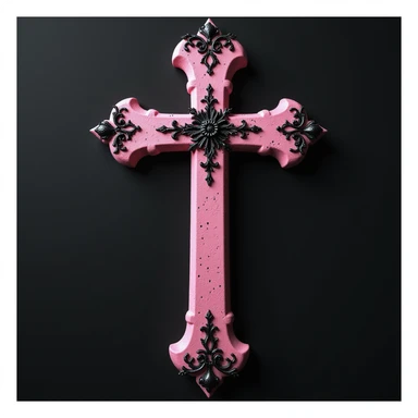 realistic gothic cross, pink with black lace, photorealistic style sticker