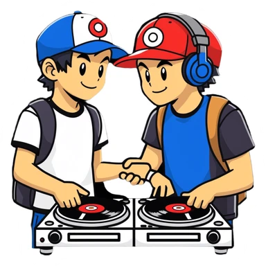 Hot handsomeb muscular 6ft tall smiling happy clean shaven ash ketchum being a  dj and his music rocks while kissing two friends sticker