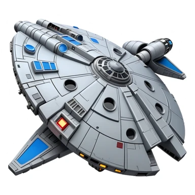 Millennium Falcon from Star Wars, emoji style, very detailed spaceship, three-quarter view, circular cockpit details, antenna, panels, blue rear lights, gray and metallic colors, characteristic oval shape, recognizable appearance sticker