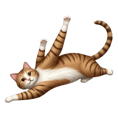 brown tabby and white cat with doing a big extremely long stretch reaching up into the air with arms and legs side by side together straight and overextended whilst lying on its side sticker