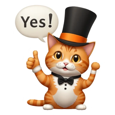 A tabby cat with a very tall top hat showing thumb ups with a speech bubble saying “Yes” sticker