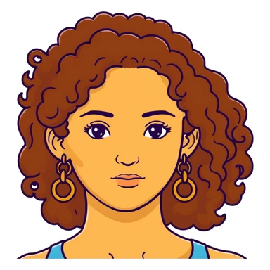 Attractive Greek woman with freckles, long curly amber-brown hair, gold hoop earrings and small necklace sticker