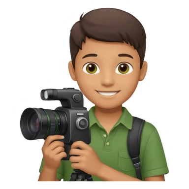 young boy cameraman hold a camera, green sticker