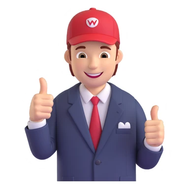 Edit the image of a smiling man in a pinstripe suit and red cap giving a thumbs up, keeping the 60% realistic emoji style as in the reference photo, but make the background transparent. sticker