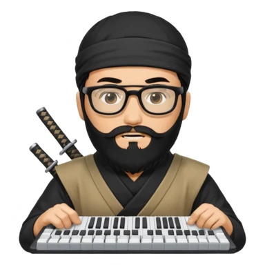 Man with black hair and beard wearing glasses in a ninja costume. Keep the top left version, make the beard longer and replace the sword with a keyboard  sticker
