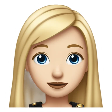 a girl with thick blonde and slightly light pink straight hair with blue eyes, with a straight nose with a piercing in the wing of the nose, thin lips, dressed in a black uniform with gold shoulder straps on which two letters KK sticker