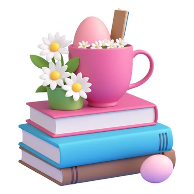 pink cup with white flowers on it, placed on top of two books. The top book is light brown with a ribbon bookmark, and the bottom book is light blue with a pink and white egg on the cover sticker