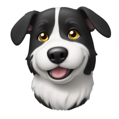 Black and white dog with one slightly floppy ear, and one year higher. She has a yellow collar with a round tag. Her mouth is closed. sticker