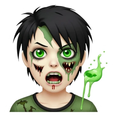  emo zombie black punk hair with cuts on face and open mouth with fluid coming out of mouth sticker
