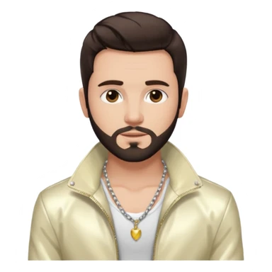 Frankie Zulferino, Pop Singer (b.1990) with dark brown hair and short beard, ivory metallic jacket, shirtless with necklace sticker