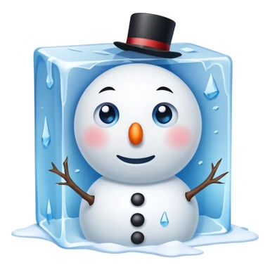 snowman stuck in ice block  with sad face sticker