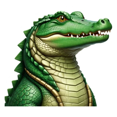 Cinematic Noble Crocodile Portrait Emoji, Poised and regal, with a powerful, elongated build and a rugged, scaly emerald-green hide, piercing cold eyes, Simplified yet sharp and sophisticated features, highly detailed, glowing with a soft, dignified glow, high shine, intelligent and formidable, stylized with an air of ancient might, focused and attentive, soft glowing outline, capturing the essence of a watchful and commanding reptile, so majestic it feels as though it could silently slide out of the screen with effortless authority! sticker