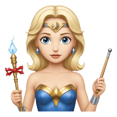Blonde blue eyed Wonder Woman holding white orchestra conductor’s baton and bell sticker