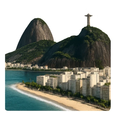 Remove the sky background from the original Rio de Janeiro emoji, keeping everything else exactly the same: the majestic vista of the skyscraper-lined beach, the mountain, and the Christ the Redeemer statue, with lifelike detail, bright lighting, and accurate colors. The background should be fully transparent and nothing else should change. sticker