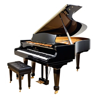 Create an elegant and detailed emoji representing the Seiler 278 Konzert grand piano. The design should feature the grand piano's polished black body with shiny, reflective surfaces, capturing its high-quality craftsmanship. The black and white keys should be clearly visible, with the curved shape of the grand piano’s body and lid, which can be slightly open. Add visible details like the pedal system, the intricate wood finish on the frame, and the elegant legs of the piano. The musical notes should float around the piano, evoking the sound of a professional concert instrument. Use deep black, white, and gold tones to highlight its luxurious appearance. The background should be transparent. sticker