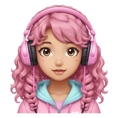TAN SKIN GAMER GIRL WITH LONG BROWN CURLY HAIR gamingheadset pink kawaii gamer shiny blushing cute kawaii pastel anime trending style pink gaming headset gamergirl pastelcore sticker