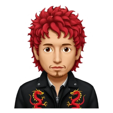 Cinematic realistic Bob Dylan, unshaven and long-haired portrait, in a black jacket embroidered with red dragons, his curly hair red from the spotlights. sticker
