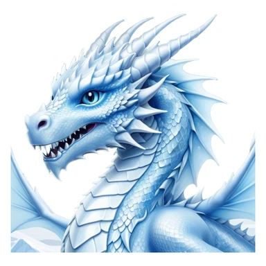 Cinematic Noble Beautiful Ice Dragon Portrait Emoji, Poised and majestic, with an ethereal, crystalline body adorned in intricately detailed scales of frosty blues and silvery whites reminiscent of glacial ice and delicate snowflakes, and piercing, cool eyes reflecting winter’s clarity; rendered with lifelike texture and subtle natural highlights, high shine, elegant and formidable, styled with an aura of chilling mythic beauty, focused and serene, soft glowing outline, capturing the essence of a legendary ice sovereign ready to glide gracefully out of the screen with timeless frosty allure! sticker