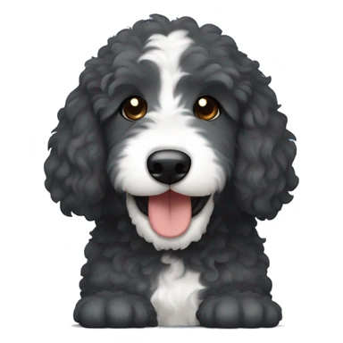 Dark grey Bernedoodle with stuffed animal in mouth, blue and brown eyes sticker