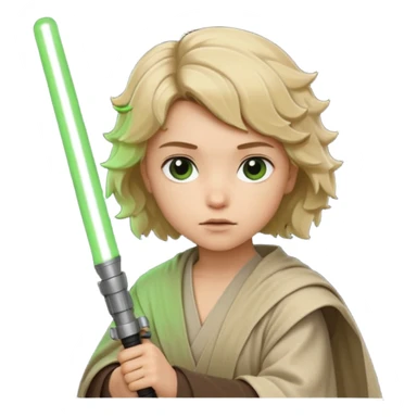 Young jedi with sandy blonde wavy short hair holding a green lightsaber sticker