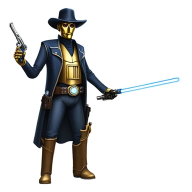 friendly frantic bounty hunter tarnished undercover tough well-equipped Jedi life-sized darkblue-pearl C3po leather vest clothing pants and vest old west duster coat holding light saber sheriff holstered gun hat floating sticker