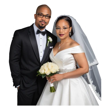 light-skinned African American woman with glasses in a wedding dress and light-skinned man with a black goatee in a tuxedo sticker