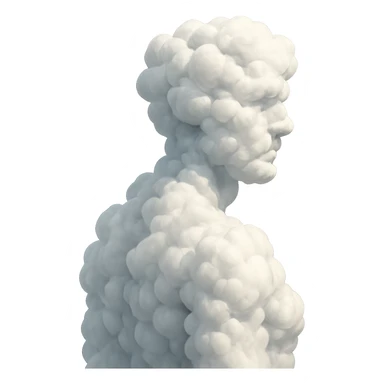 person fully made of voluminous clouds, shoulder view, looking straight, no background sticker