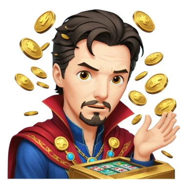 disheveled Doctor Strange losing money at a slot machine, panicked face, coins flying sticker