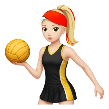 Blonde haired girl with a high pony tail with 2 plates in black dress with yellow stripe playing netball sticker