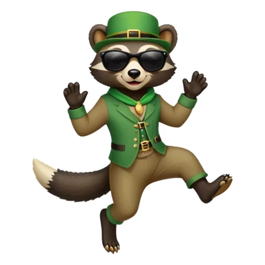 friendly anthropomorphised honey badger in a casual green-themed outfit with St. Patrick's Day accessories, wearing sunglasses, jumping, no beer sticker