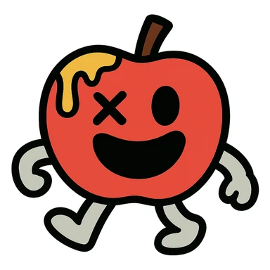 plush apple character with light grey arms and legs, left eye is an X, yellow ichor dripping from stem, big smiling mouth, no leaf sticker