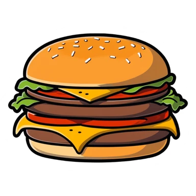 burger de chez Quick with soft bun, steak, cheese, sauce, cartoon sticker style sticker