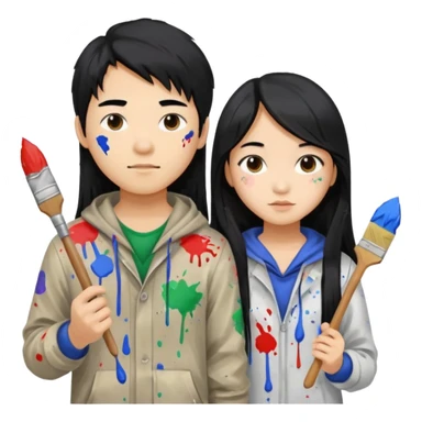 Asian boy with long hair  and girl painters sticker