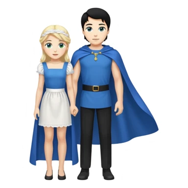 Prince with crown, blue cape and trousers, body and legs, black hair, blue eyes and maid, blonde hair, green eyes, sexy white short sleveless dress,  sticker