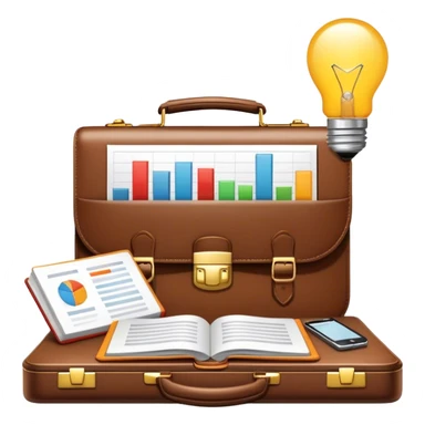 Icon for Business Reading: a prominent book at the forefront, with a briefcase, laptop, and notepad around it, along with a bar graph and lightbulb symbolizing ideas and growth. The icon should represent the knowledge and strategy of business literature. Transparent background. sticker