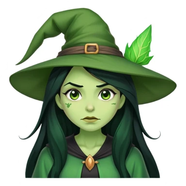 Green-skinned witch with long black hair, embarrassed expression, blushing sticker