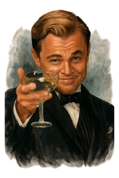 Сделай знаменитый мем с Ди Каприо из Великого Гэтсби, слегка рисованный, но при этом реалистичный объемный стиль, прозрачный фон sticker