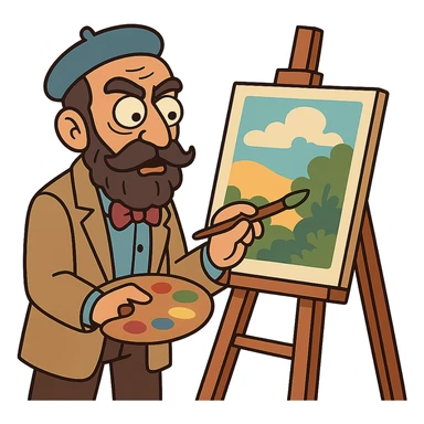 Kamal-ol-molk, Iranian painter, cartoon style, painting at an easel, vibrant colors sticker