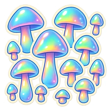 a field of opal crystal mushrooms with rainbow reflections sticker