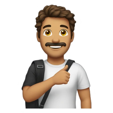 A stereotypical Portuguese young man waving with a big smile, a mustache, a bit of beard on the chin and a brown mullet, wearing a black t-shirt and a chest bag sticker