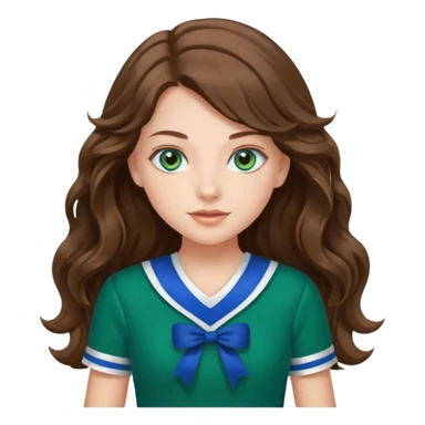 A pretty girl has blue eyes, her hair is brown long wavy hair, and wear green Hawkins cheerleader uniform sticker