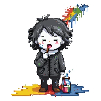 sick artist sneezing or with a thermometer with paint splatters nearby sticker