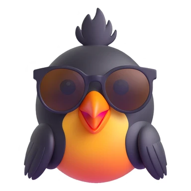 Make the bird emoji more emoji-like with a smooth, shiny 3D look, vibrant colors, and an expressive face. Keep the same pose, orange beak, and round sunglasses. No background. Style should match modern emoji aesthetics. sticker