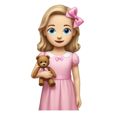Little Girl with White skin, blue eyes. Light brown hair with pink bows in it.  She is wearing a pink and White dress, standing and holding on to a teddybear with a pink bows. sticker