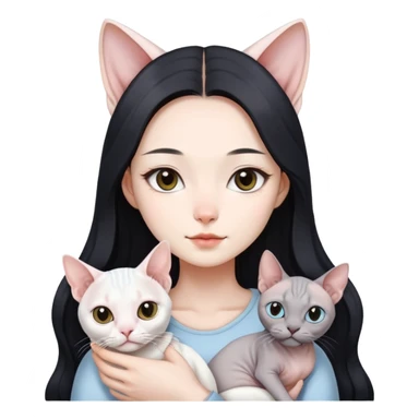 A beautiful korean Girl with black longhair holding a white cat and a white Sphynx and a grey Sphynx Cat sticker