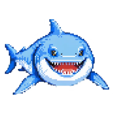 smiling shark with visible white teeth and blue body sticker