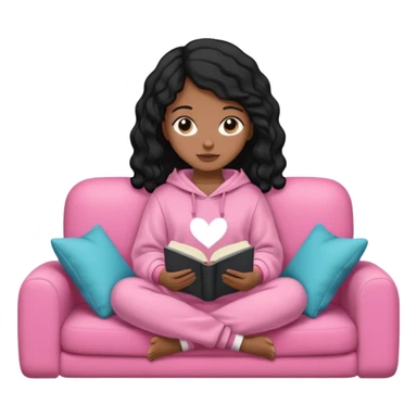 Una chica linda de cabello negro con ondas hasta los hombros de piel blanca con una sudadera rosa en un sofá cómodo y hermoso leyendo la biblia sticker