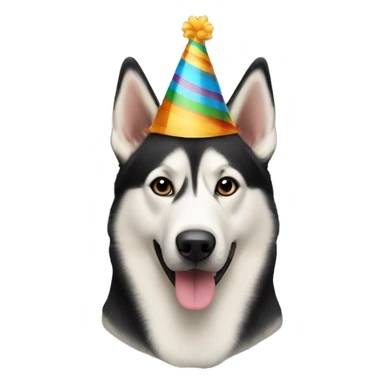 An adult husky mixed with a German shepherd with birthday hat sticker