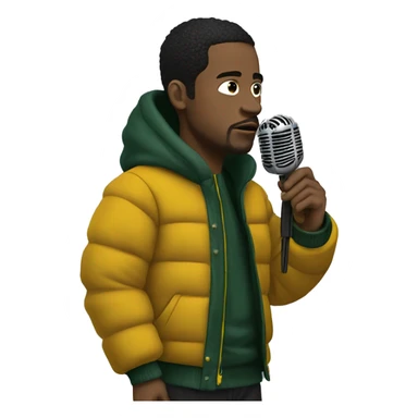 Side profile of a hip hop artist, holding a mic down in one hand. He's wearing a dark green puffy jacket with a mustard yellow collar. sticker