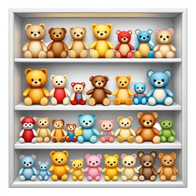 Icon for Toy Collecting: a collection of various vintage toys such as dolls, action figures, and plush animals, displayed neatly on shelves or in display cases. The icon should evoke the joy and nostalgia of collecting toys. Transparent background. sticker